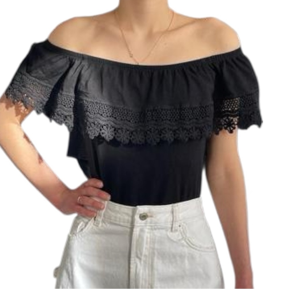 Tobi Elegant Black Off-Shoulder Lace Blouse